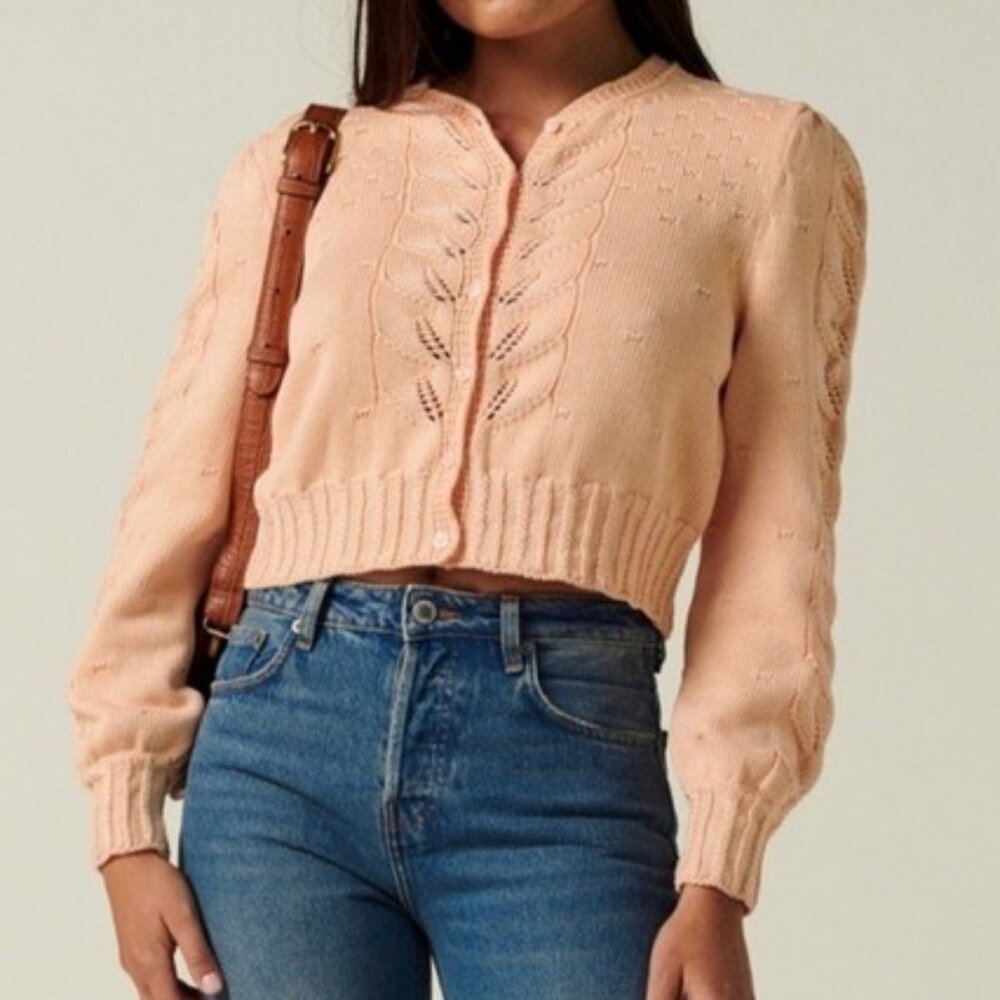 Rouje Maya Pointelle Cardigan 100% Cotton Sweater 36 Peach Pink